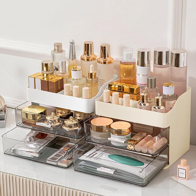DASITON Makeup Organizer with 2 Drawers, Large Capacity Makeup Cosmetic Organizers for Vanity Dresser Bathroom Countertop, Vanity Organizer Makeup Storage Box for Skincare, Eyeshadow, Lotions (Cream)