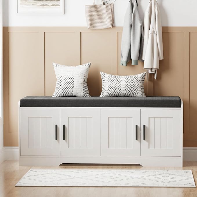 Homleke Shoe Storage Bench, 4 Doors & Thickened Padded Seat Cushion | 2-Tier Shoe Bench, Entryway Bench, Adjustable Shelf, 13.8" D x 45.3" W x 18.5" H, for Living Room, Bedroom, White