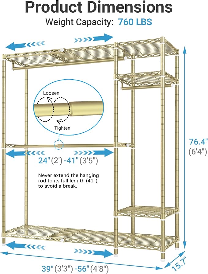 VIPEK X20 Expandable Metal Clothing Rack Adjustable from 3'3" to 4'8" Heavy Duty Garment Racks With Shelves and Hanger Rods Portable Wardrobe Open Closet System, Gold