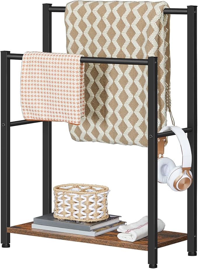 HOOBRO Free Standing Towel Rack for Bathroom, 22" L x 9.4" W x 31.5" H, 2 Tier Blanket Rack, Blanket Holder, Drying and Display Rack with Shelf, Rustic Brown and Black BF04LB01