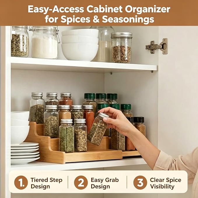 JinDoWin Spice Rack Organizer for Cabinets,Countertop & Pantries,2 Pack | Expandable design, 3-Tier stepped bamboo spice shelf, seasoning organizer, pantry organizers and storage
