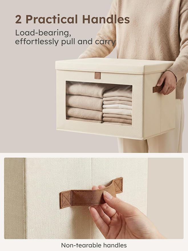 Homsorout Large Closet Storage Organizer - Clothes Storage Bins with Handles & Window, Collapsible Decorative Boxes with Lids, Fabric Containers for Living Room, Dorm, 2 Pack, Beige