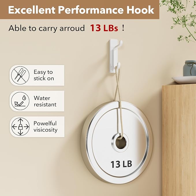 pickpiff 13LB Strong Stick-on Hooks for Coat & Towel, White 6 Pack