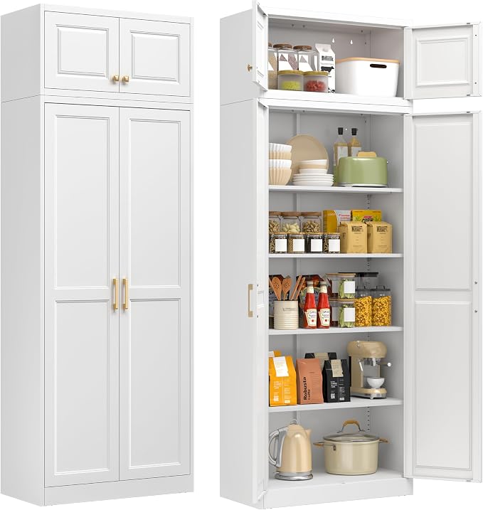 86" Tall Metal Kitchen Pantry Storage Cabinet with Doors | White Freestanding Heavy Duty Steel Cupboard, 4 Adjustable Shelves, Extra Large Organizer for Home and Garage (2 Boxes)