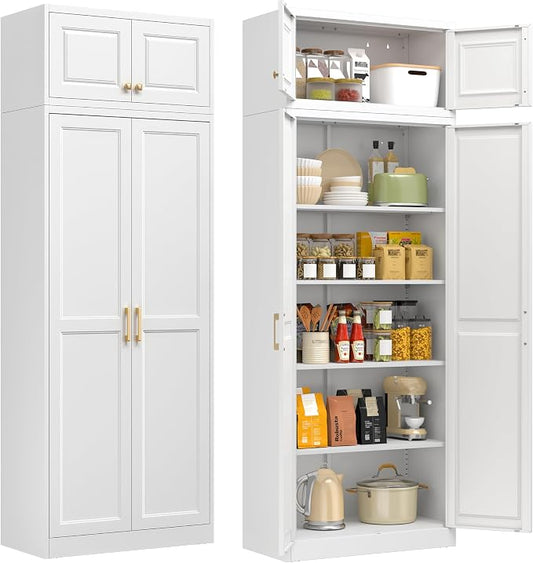 86" Tall Metal Kitchen Pantry Storage Cabinet with Doors | White Freestanding Heavy Duty Steel Cupboard, 4 Adjustable Shelves, Extra Large Organizer for Home and Garage (2 Boxes)