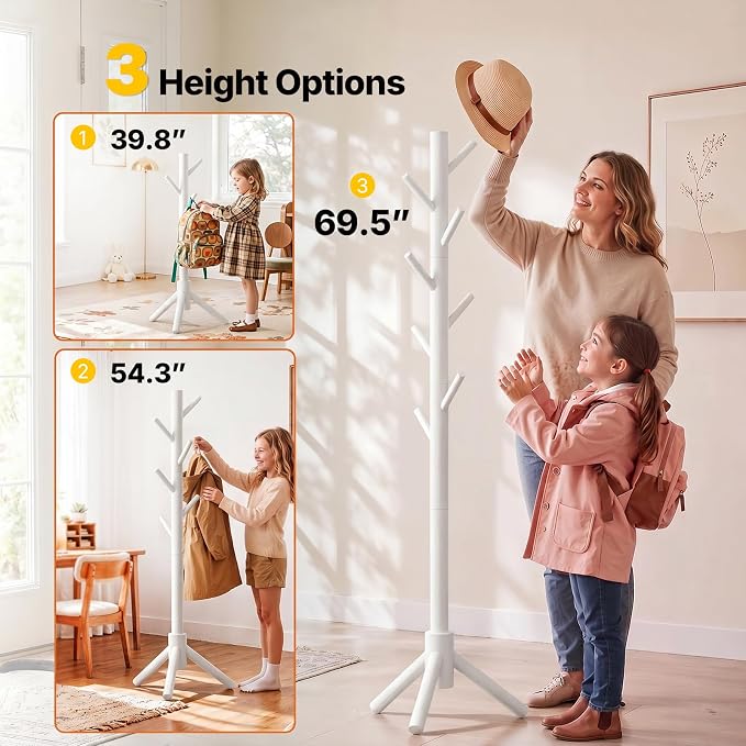 AMADA Solid Wooden Coat Rack Freestanding with 8 Hooks, White | 100% solid wood, 3 height options, widened base for stability, tool-free assembly, smooth rods & hooks prevent clothing snags