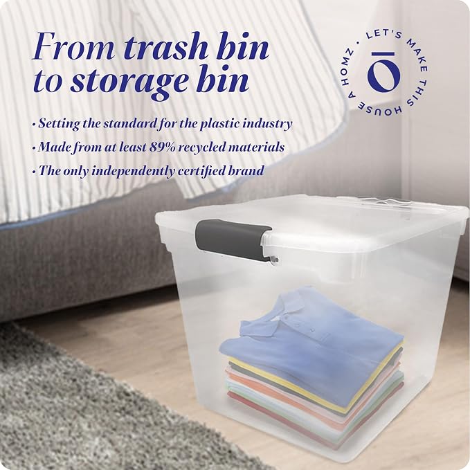HOMZ 31 Quart Secure Seal Latch Clear Plastic Bin | Stackable & Nestable | Easy Grip Latching Handles | Home, Office, Dorm Room Organization | Grey Handles, 4 Pack | Stackable Container Set for Home, Office Shelves, Kitchen, Garage, and Bathroom Organi...