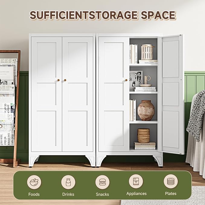 Letaya Metal Storage Cabinet with Doors and Shelves,47.3" H Bathroom Floor Kitchen Pantry Utility Cupboard Dining Home Office/Garage Organizers,White