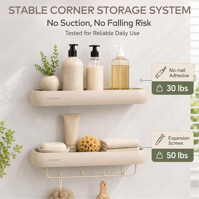 Shower Caddy Adhesive, No Drilling Rustproof Bath Organizer Shelf | Large Capacity,Includes Hooks&Hanging Bar, Aluminum Frame,2 Installation Ways,Wall-Mounted Bathroom Organizer Storage Shelves