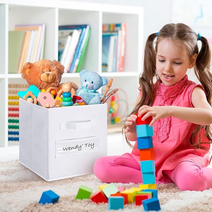 Fabric storage cubes (Set of 8) 11 Inch Cube Storage Bin, Cube storage with 8 Labels Window Cards & a Pen, Foldable cube Organizer bins,11x11 Storage bin, Cubby Organizer Boxes, White