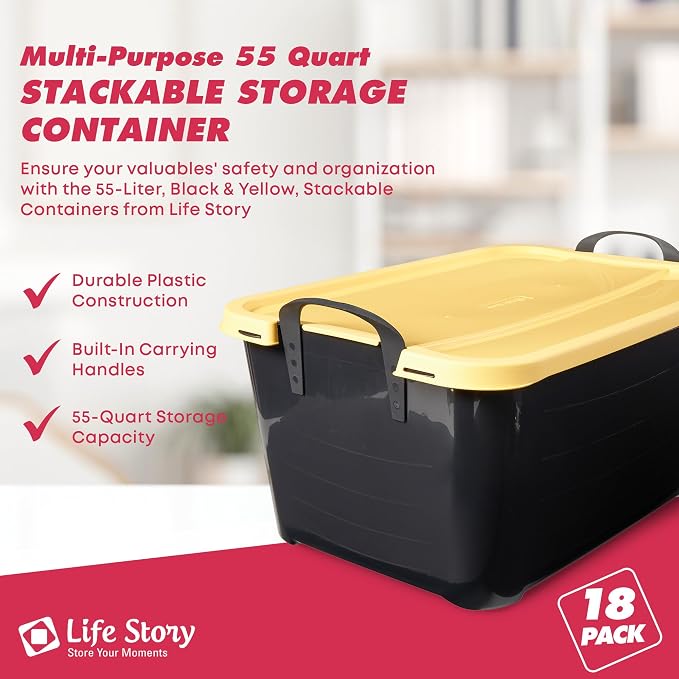 Life Story 18 Pack Heavy Duty Stackable Storage Bin, 55 Quart Home Organizer, Versatile Lightweight Locking Bins with Carrying Handles, Black/Yellow
