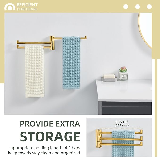 Angle Simple Hand Towel Holder for Bathroom, Swivel Bars, Brushed Dark Gold | Kitchen Towel Rack 9.84", SUS304 Stainless Steel, Foldable 3 Arms Hanger Space Saving