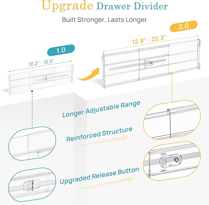 Vtopmart 8 Pack 6" Tall Upgrade Drawer Dividers for Big and Deep Drawer, 12.8"-22.3" Adjustable Expandable Dresser Drawer Organizer, Clear Plastic Separators for Dresser, Baby Supplies, Kitchenware