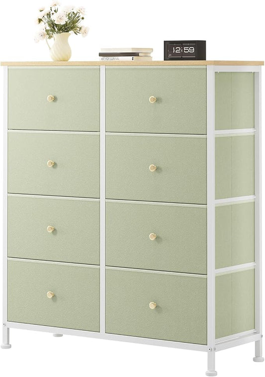 OLIXIS 8 Drawer Storage Dresser for Bedroom, Closet Organizers Units | Fabric Dresser with Wooden Top, Chest of Drawers Clothes Storage, Tower Cabinet, TV Stand Furniture, Light Green