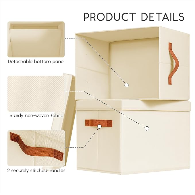 Homsorout Storage Bins with Lids - Large Fabric Closet Bins with Lid, 6 Pack Clothes Organizers and Storage, Collapsible Stackable Cube Basket for Home, Office, Dorm, Beige