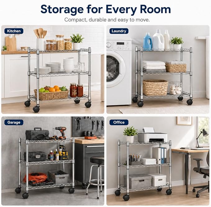 Simple Deluxe 3-Tier Storage Shelves, 750 Lbs Loading Capacity, 24.02" W x 13.78" D x 21.97" H Shelving Unit for Garage, Pantry and Kitchen, Chrome
