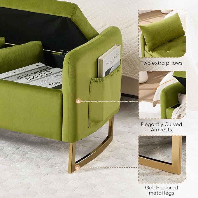 48" End of Bed Bench, Modern Storage Benches with Button-Tufted, Velvet Upholstered Storage Ottoman Bench for Foot of Bed with Arms, Gold Legs Window and Entryway, Olive Green