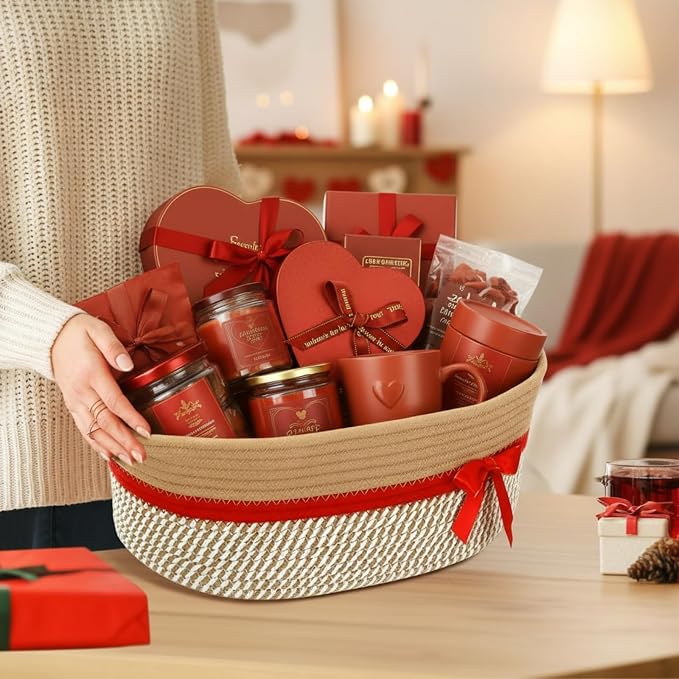 Colingmill 1 Set Woven Empty Basket for Gift,Brown Red | with Cellophane Wrap Set, 14 x 10 x 5.5 Inch, Medium Decorative Gift Basket, Cotton Rope Storage Box, Home Decor