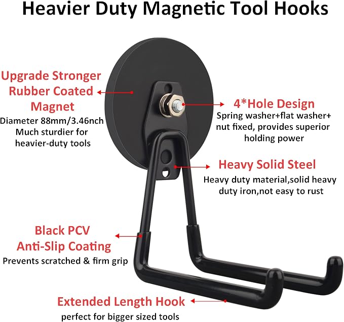 ULIBERMAGNET Strong Magnetic Ultimate Hooks,Large Magnet with Hooks for Heavy Duty Tools,Jig Saw,Hose, 2 Pack Heavy Duty Magnetic Hooks for Hammer Drill,Circular Saw,Garden Tool(3.46inch/Black)