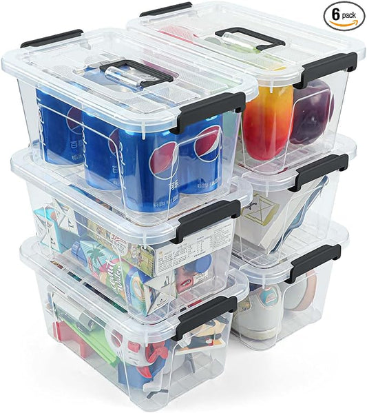 NUMIFUN 7Qt Clear Plastic Storage Bins with Lids,Transparent Design,6 Pack | Stackable organizing totes with buckle latches & handles.Dust-proof clear design for home,office & pantry space saving