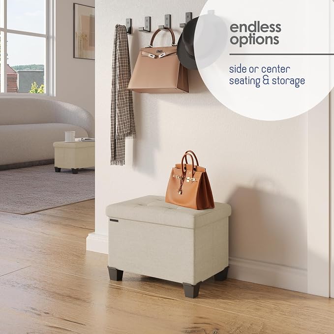 Storage Ottoman Cube with Small Bin, 16-in Square Ottoman with Storage for Living Room and Bedroom, Small Ottomans Foot Rest, Fabric Foot Stools Ottomans Max 330lbs, Beige