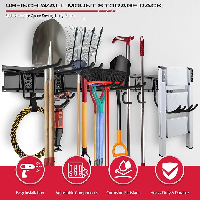 SEDY 48" Heavy Duty Garage Wall Organizer, Wall Mount Tool Storage Rack with Adjustable Hooks, Garden Tool Organizer Hold Up to 300lbs, Easy Installation (3 Panels, 8 Hooks, 3 Straps)