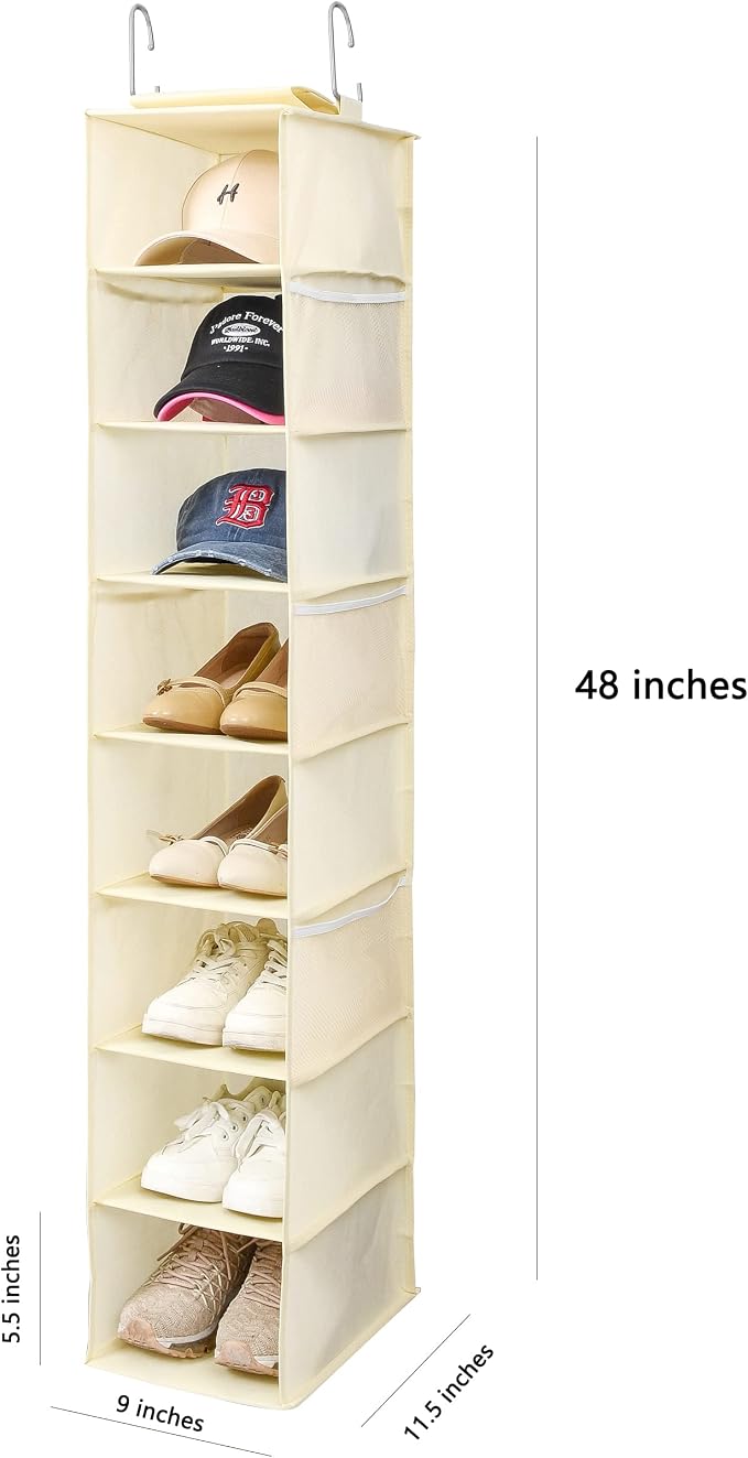 Berdeng Hanging Shoe Organizer for Closet with Side Mesh Pockets，Hat Racks for Baseball Caps，Shoe and Hat Holder & Storage，8-Shelf，Beige，2 Pack