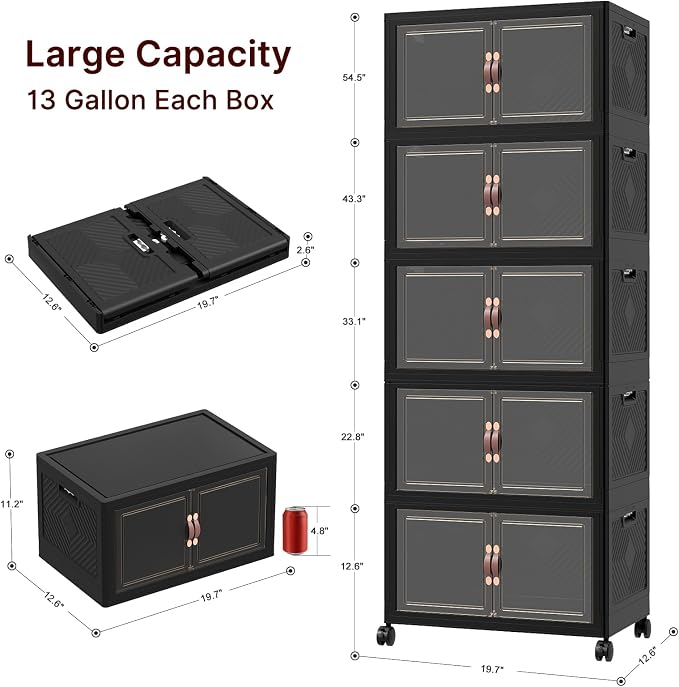 UAMFURI Stackable Storage Bins with Lids, 240QT Lockable Storage Cabinet | Folding Storage Box with Doors and Wheels, Collapsible Plastic Drawers for Home, Garage, Office