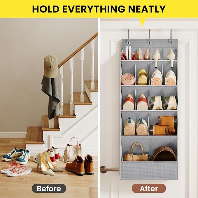 Mefirt Over the Door Shoe Rack for Closet Fit 18+ Pairs, Door Shoe Organizer with Large Breathable Pockets, Hanging Shoes Rack Fit Boots, Behind the Door Shoe Holder for Categorized Storage, Grey ﻿