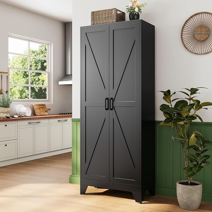 Letaya 75" H Metal Storage Cabinet with 2 Doors and 4 Shelves,Tall Kitchen Pantry Cabinets,Farmhouse Utility Pantry Organizers for Cupboard/Dining/Bathroom/Home Office/Garage Room,Black