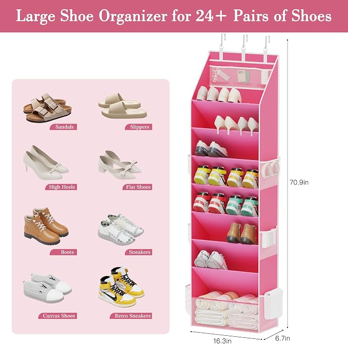 Shoe Storage, Over the Door Shoe Organizer, Hanging Closet Shoe Storage with Large Deep Pockets, Fits 16–24 Pairs of Sneakers, Sandals, Boots, Pink
