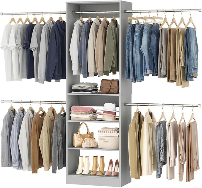 Closet System, 4.5-11.5 Ft Expandable Closet Organizer, Gray | 5 Hanging Rods, Walk-in Wood Closet Organizer System with Storage Tower, Heavy Duty Garment Rack Wardrobe for Bedroom
