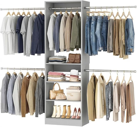 Closet System, 4.5-11.5 Ft Expandable Closet Organizer, Gray | 5 Hanging Rods, Walk-in Wood Closet Organizer System with Storage Tower, Heavy Duty Garment Rack Wardrobe for Bedroom