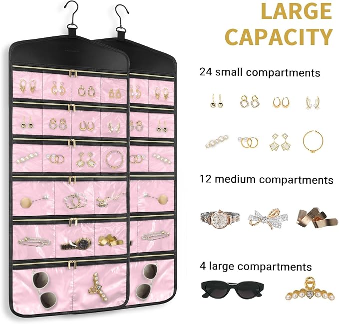 CHICECO Hanging Jewelry Organizer With Zippered Pockets,40 Pockets Travel Jewelry Organizer Storage for Cloest,Wall,Door (Pink)