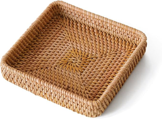 Rattan Serving Tray, Square Wicker Storage Basket for Organizing | Natural Rattan, Decorative Serving Woven Trays Wicker Baskets for Storage, Home Decor, Bathroom, Kitchen Counter