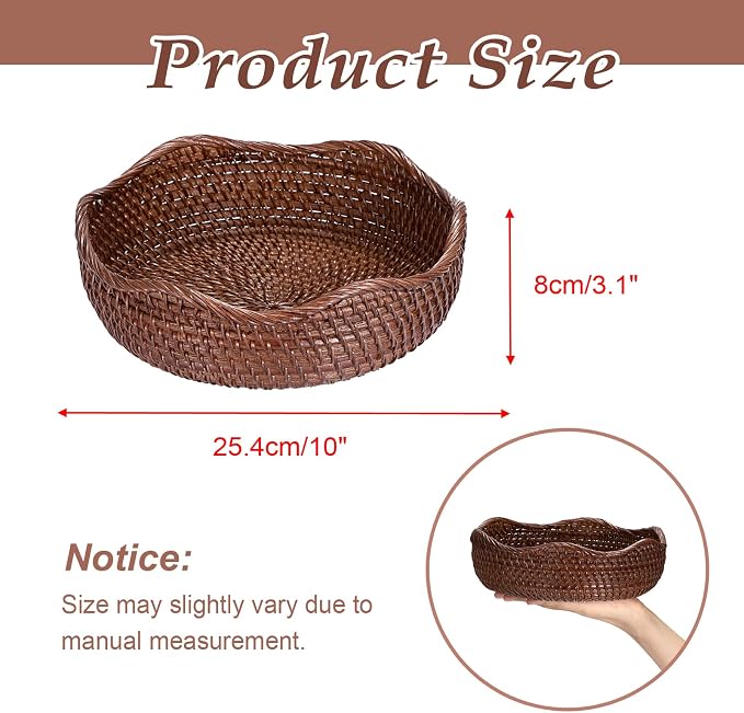 Hipiwe 10" Round Key Tray for Entryway Table Handwoven Wicker Basket Bowl | Decorative Basket Bowl for Cake Bread Fruit Serving Tray Handwoven Basket Tray for Kitchen Coffee Table Bathroom
