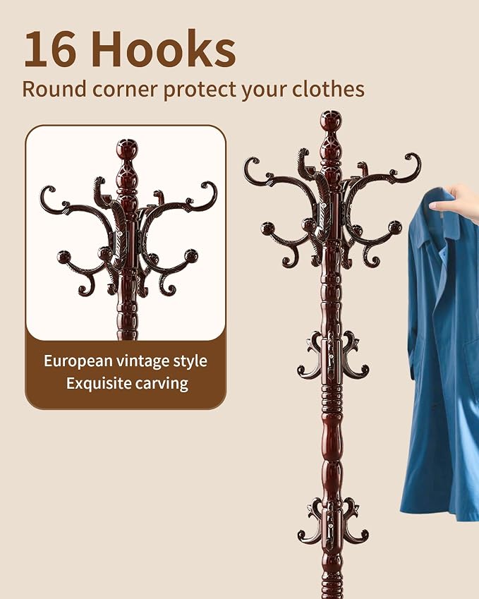 Wooden Coat Rack Stand, Solid Wood Freestanding Coat Rack, Vintage Coat Racks with 14 Hooks & Triangle Base, Standing Coat Hanger Jacket Tree Stand for Office, Entryway, Hallway