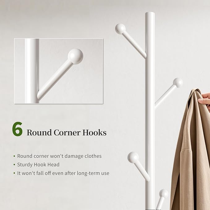 Coat Rack Freestanding Coat Stand with Basket 6 Hooks Wheels,White | Metal Coat Rack Stand Coat Tree for Home Entryway Bedroom Living Room Office Corner Modern Organizer for Scarf Jacket Hat Bag