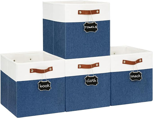 Patvingot 13-Inch Linen Storage Cubes with Labels and PU Handles,4 Pack | Roomy storage for blankets, sweaters and towels, reinforced bottom, contents stay easy to identify, folds flat when empty