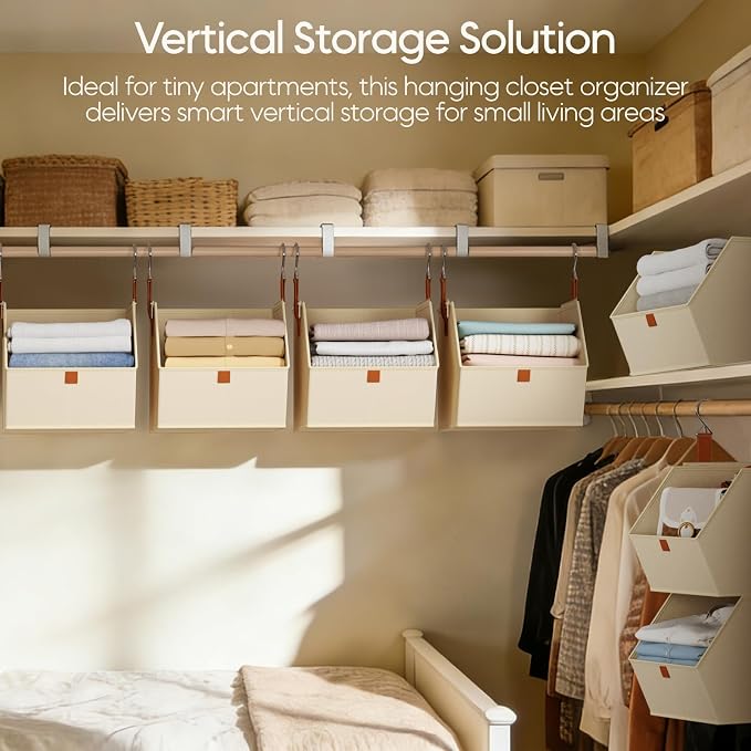 Homsorout Collapsible Hanging Closet Organizer - 6 Tier Closet Shelves Storage System with Hooks, Fabric Hanging Storage Bins for Clothes, Foldable Storage Basket for Laundry, Bedroom, Rv, Beige