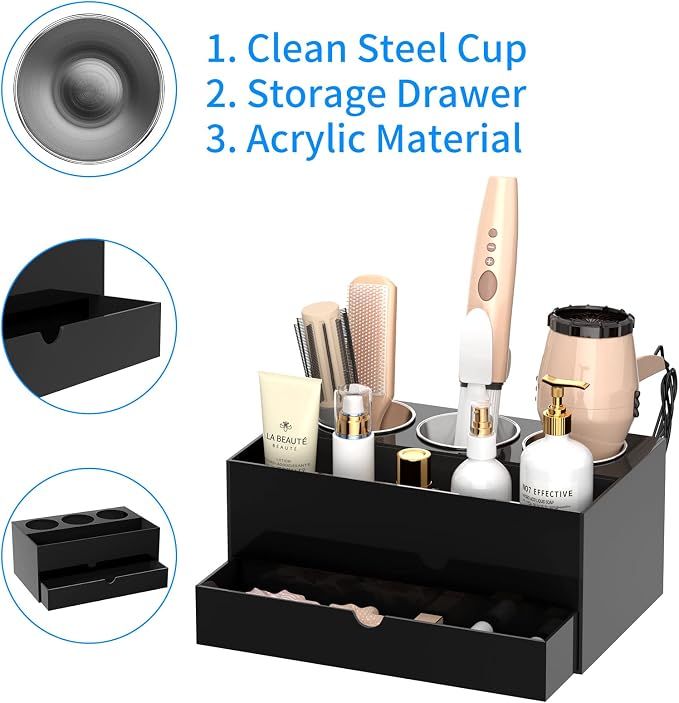 NIUBEE Acrylic Hair Tool Organizer with Drawer, Hair Dryer Holder Organizer | Black, Hot Tools Organizer Countertop with 3 Cups, Hair Blow Dryer Storage for Curling Iron, Brush, Straightener, Bathroom