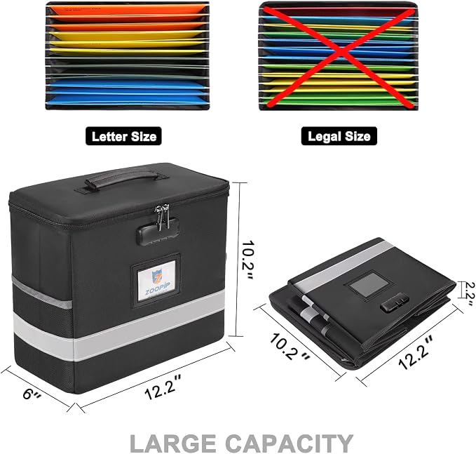 Fireproof File Box with Lock, Document Box Storage Organizer, Suitable for Hanging File Folders in Letter Size, Collapsible File Box, Reflective Strip for Fast Find (12.2"*6"*10.2 (Black, 2Pcs) | Suitable for Hanging Folders in Letter Size, Reflective ...