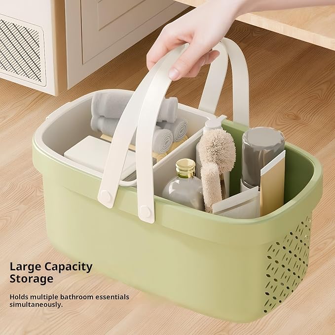 Pulseplay Plastic Organizer Storage Basket with Handles Portable Large Capacity Shower Caddy Basket with Drainage Holes for Bathroom Living Room College Dorm Room (Green)