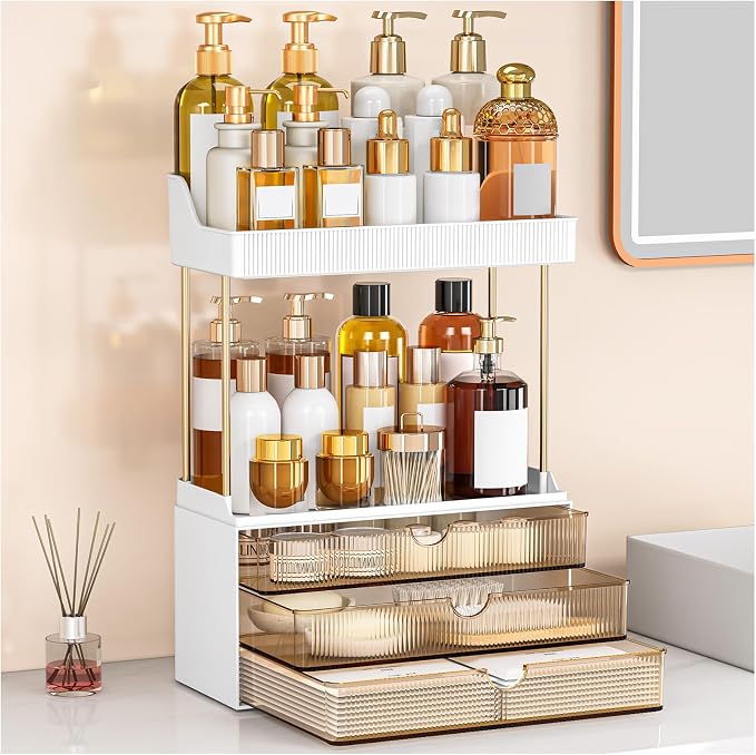 caktraie 3-Drawer 2-Tier Acrylic Makeup & Bathroom Vanity Organizer | Amber,3 smooth drawers, 2 open shelves, dustproof, wipe clean, for large skincare, perfumes, lipsticks, dresser, counter
