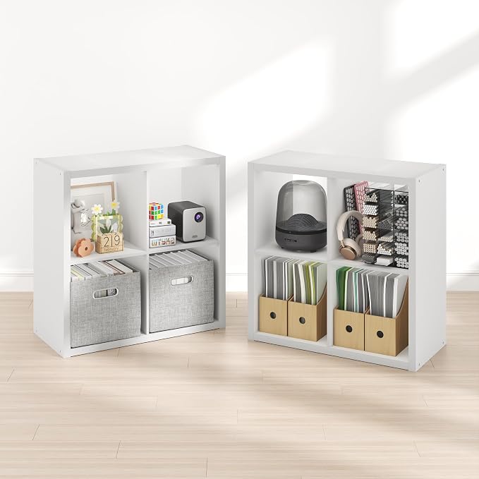 Furinno Cubicle Book Shelf Set of 2, 4-Cube Bookshelf, White | 14.6 x 30 x 30, 1.2" Thick Frame Bookcase with Reversible Open Back, for Living Room, Bedroom, Home Office