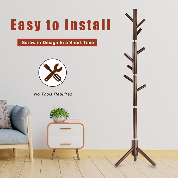 8-Hook Freestanding Coat Rack 3 Adjustable Heights Sturdy Brown | Easy Tool-Free Setup,Ideal for Entryway Bedroom Hallway Office,Holds Clothes Hats Handbags,Space-Saving Vertical Design