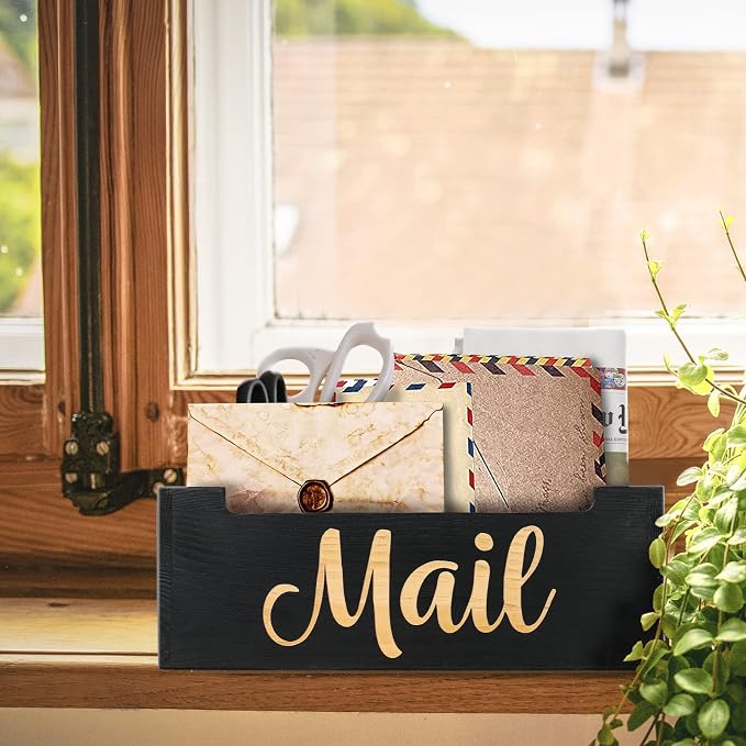 Wooden Mail Organizer Countertop | Farmhouse Black Mail Holder for Wall | Rustic Desk Mail Sorter Basket Letter Holder for Home Office Entryway Decor