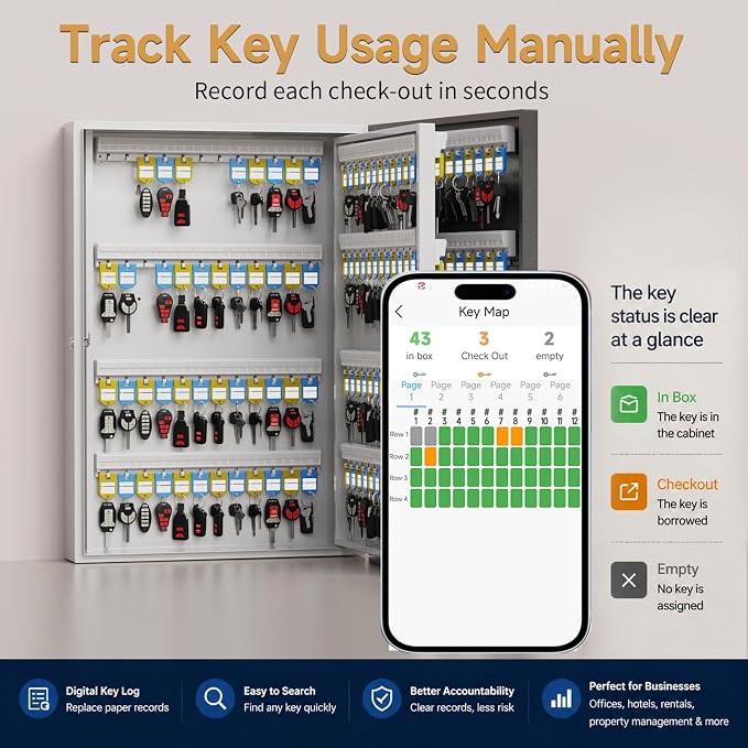 192 Key Lock Box Smart Key Organier Cabinet with Keypad & App for Office | Wall Mounted Lockbox use App, Custom & One Time Password, WiFi (Need W100 Bridge) Unlock for School, Office, Fleet, Hotel