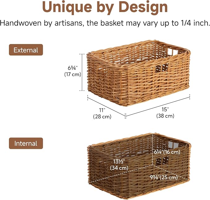 StorageWorks Pantry Baskets, Willow Storage Baskets for Organizing, Shelves, Pantry Organizers and Storage, Brown, 15" L x 11" W x 6 ¾"H