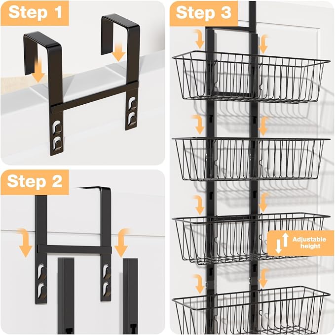 8 Tier Over the Door Pantry Organizer, Over the Door Spice Rack with Adjustable Baskets, Metal Hanging Door Pantry Organizers and Storage for Kitchen Bathroom Bedroom, Black